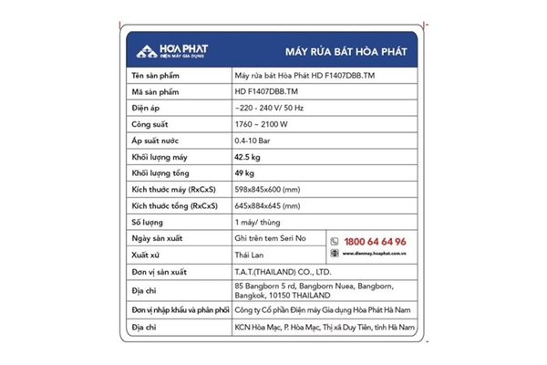 Máy rửa bát độc lập Hòa Phát 14 bộ HD F1407DBB TM - ảnh 7