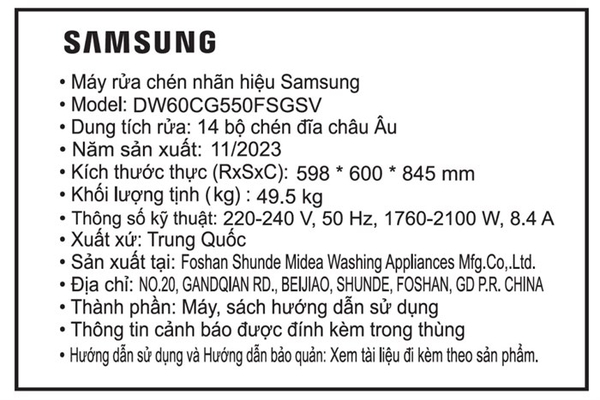 Máy rửa bát độc lập Samsung DW60CG550FSGSV 14 bộ - ảnh 13