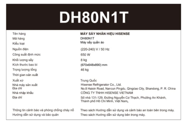 Máy sấy bơm nhiệt Hisense 8 kg DH80N1T