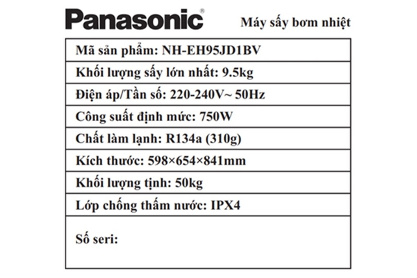Máy sấy bơm nhiệt Panasonic 9.5 kg NH-EH95JD1BV