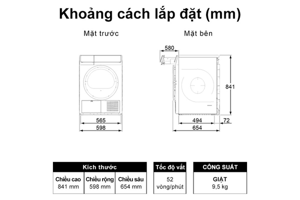 Máy sấy bơm nhiệt Panasonic 9.5 kg NH-EH95JD1BV