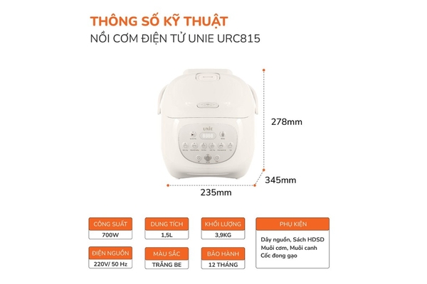Nồi Cơm Điện Tử Unie URC815 1.5L Lòng Gốm Ceramic