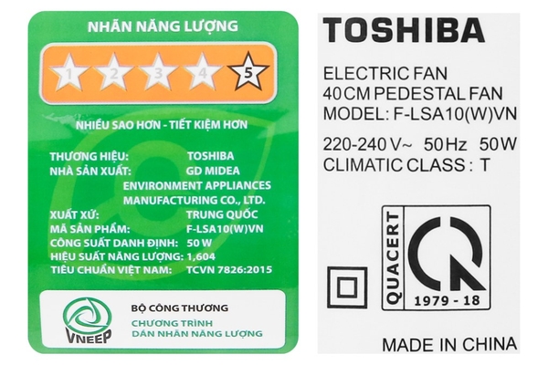 Quạt đứng Toshiba 5 cánh 40cm F-LSA10(W)VN – Màu Trắng
