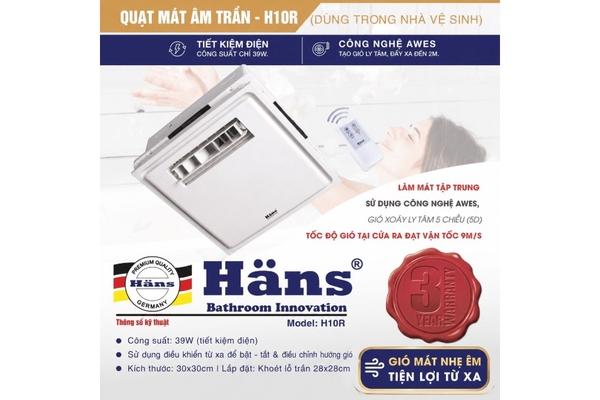 Quạt mát âm trần Hans điều khiển từ xa 39W H10R