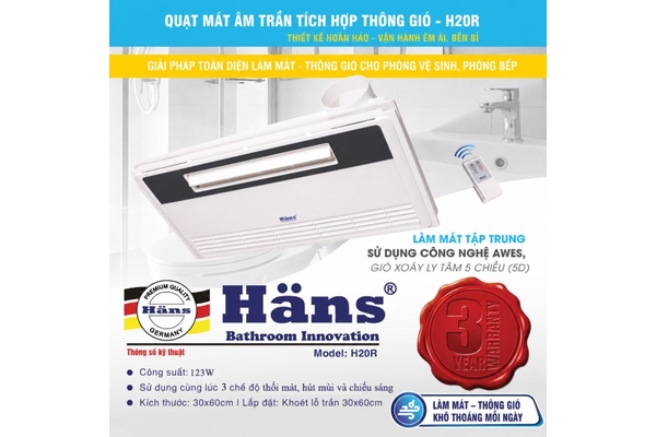 Quạt mát âm trần Hans tích hợp thông gió điều khiển từ xa 123W H20R