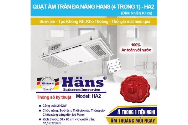Quạt sưởi âm trần đa năng 4 trong 1 Hans 2130W HA2
