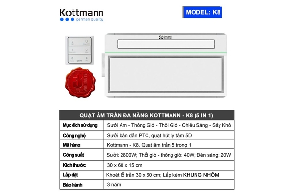 Quạt sưởi âm trần đa năng Kottmann 2900W K8