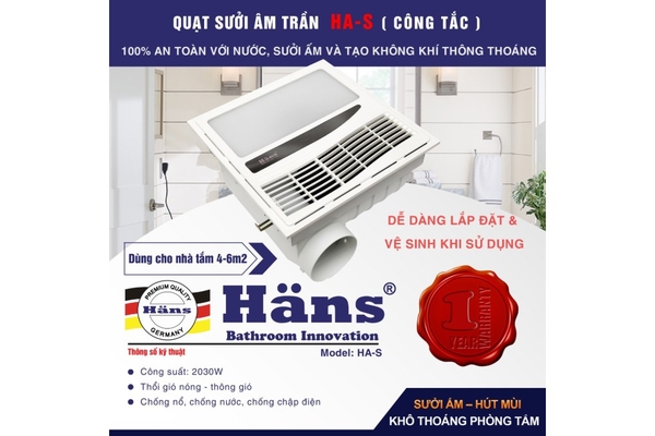 Quạt sưởi âm trần Hans kèm thông gió 2030W HAS