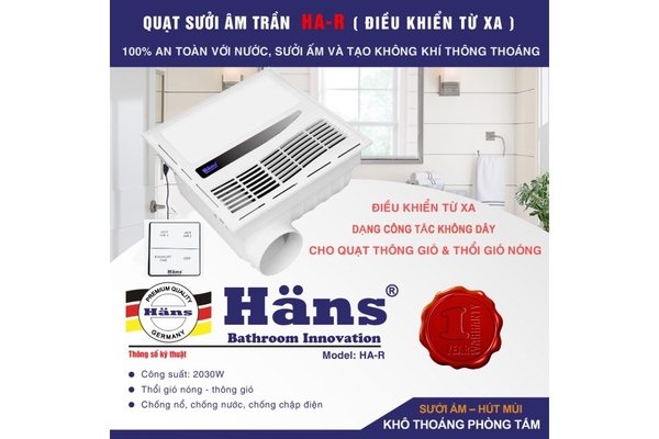 Quạt sưởi âm trần Hans kèm thông gió điều khiển từ xa 2030W HAR