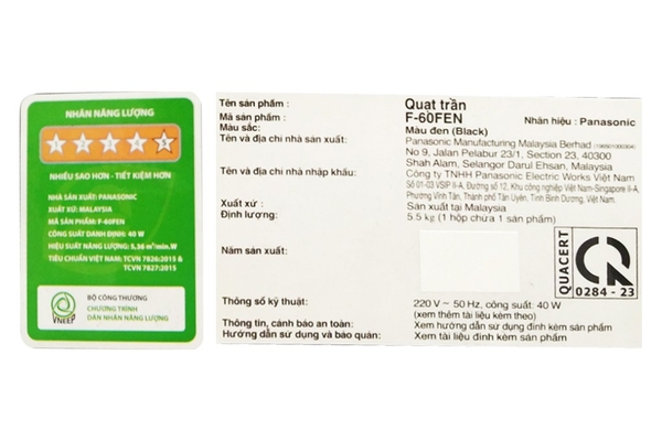 Quạt trần Panasonic 5 cánh động cơ DC điều khiển từ xa 150cm F-60FEN Nhập khẩu Malaysia