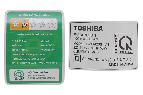 Quạt treo tường Toshiba 3 cánh điều khiển từ xa 40cm F-WSA20(H)VN