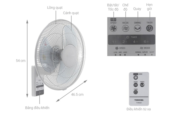 Quạt treo tường Toshiba 3 cánh điều khiển từ xa 40cm F-WSA20(H)VN