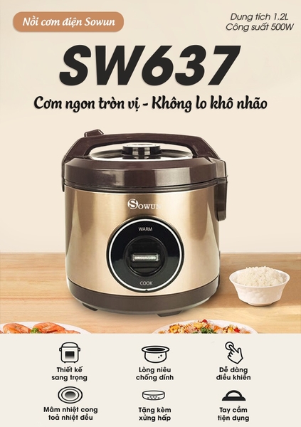 Đánh giá chi tiết nồi cơm điện Sowun SW637 dung tích 1.2 lít
