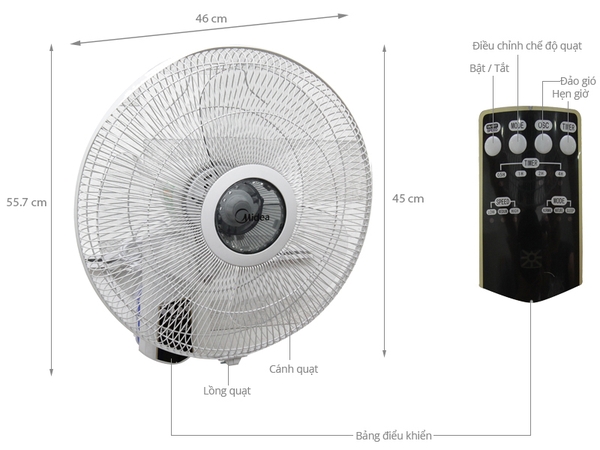 Quạt treo tường Midea 3 cánh FW40-7JR 50W có điều khiển từ xa