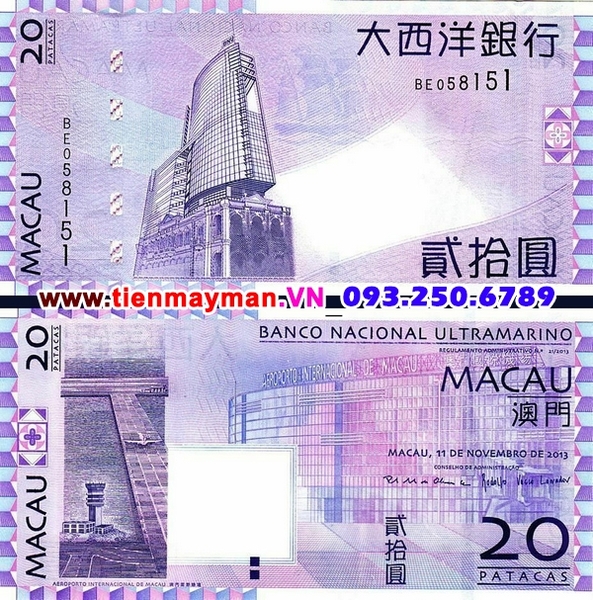 Tiền giấy Macao 20 Patacas 2013 UNC Bank of China