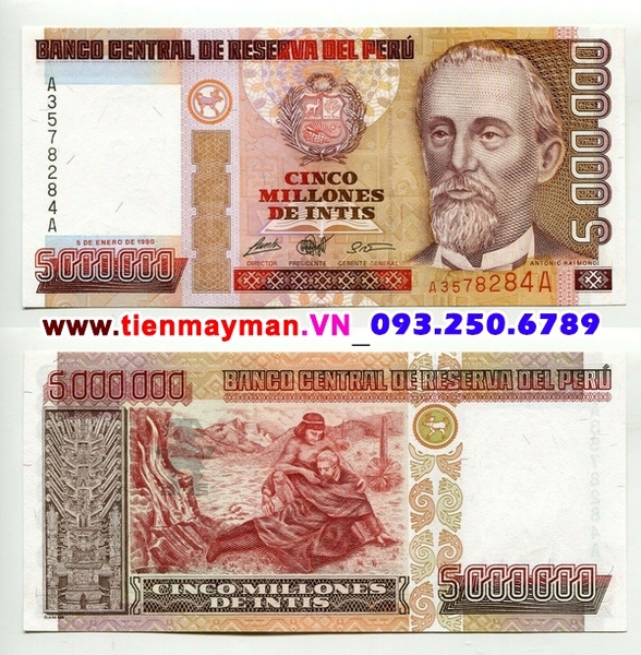 Tiền giấy Peru 5000000 Intis 1991 UNC