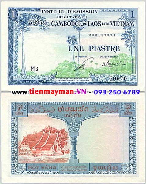 1 Piastre chùa 3 nóc Lào 1954 P-100 | 1 Đồng Lào Viện Phát Hành