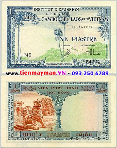 1 Piastre con Lân 1954 P-105 | 1 Đồng con lân Viện Phát Hành