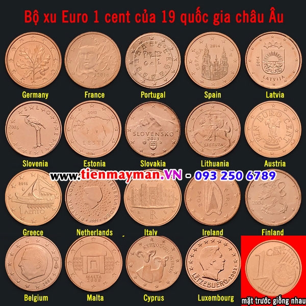 Bộ Tiền Xu Euro 1 Cent Của 19 Nước Châu Âu (19 Xu) Tặng Kèm Túi Gấm Tiền May Mắn , Tiền Lì Xì Tết , Sưu Tầm Tiền Việt Nam Xưa
