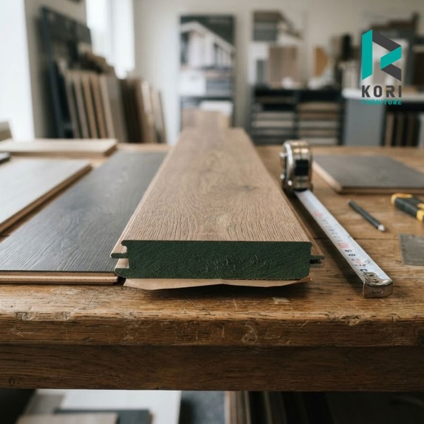 Cận cảnh cốt HDF màu xanh của sàn gỗ công nghiệp
