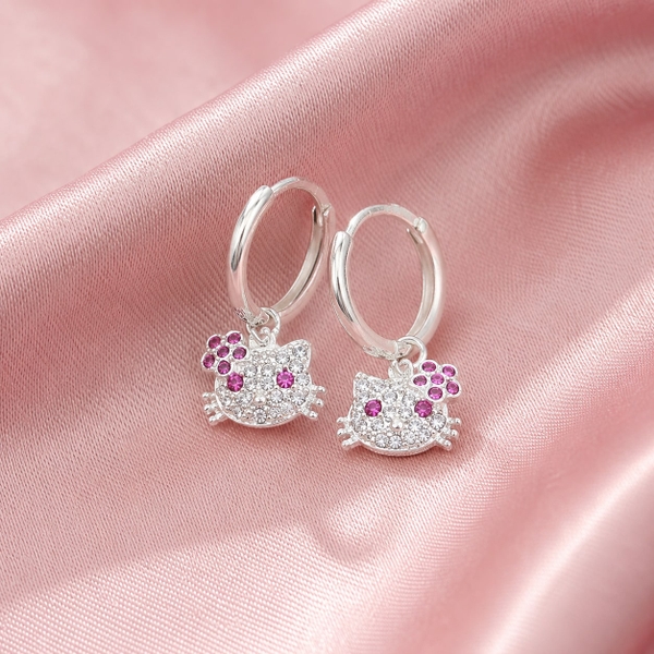 Bông Tai Bạc Cho Bé - Khoen Charm Mèo Hồng - BTB010