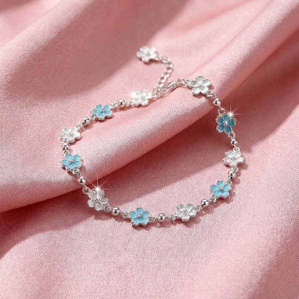 Lắc Tay Bạc Nguyên Chất 99 Cho Nữ - Hoa Xanh Bạc Mix Charm - LT99N047