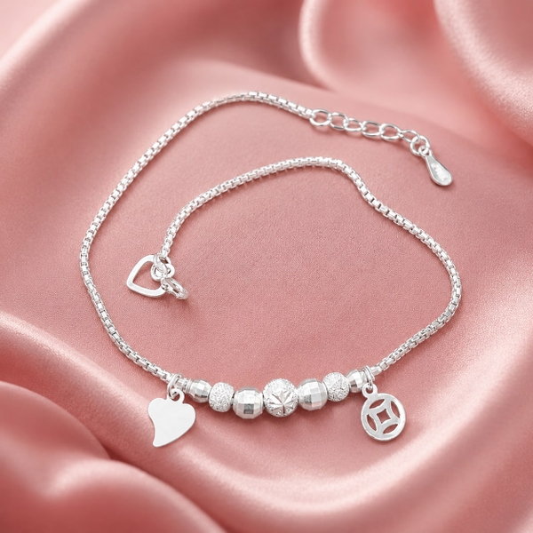 Lắc Chân Bạc Cho Nữ - Bi Tròn Charm Tim Và Đồng Xu - LCBN011