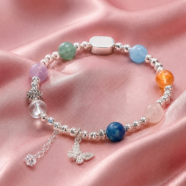 Lắc Tay Bạc Bi 99 Mix Ngọc Cho Nữ - Đá Nhiều Màu Charm Hồ Lô - LTB99MN017