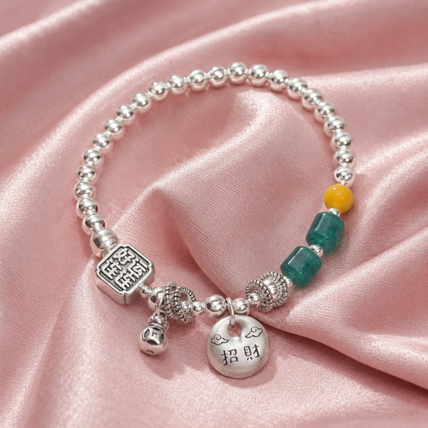 Lắc Tay Bạc Bi 99 Mix Ngọc Cho Nữ - Bi Bạc Đá Xanh Charm Bản Vuông - LTB99MN019