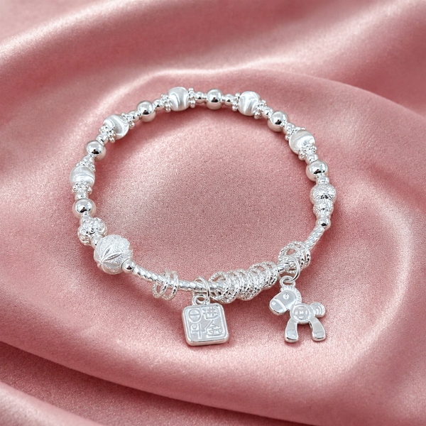 Lắc Tay Bạc Bi 99 Mix Ngọc Cho Nữ - Bi Bạc Ngọc Trắng Charm Túi Và Ngựa - LTB99MN021