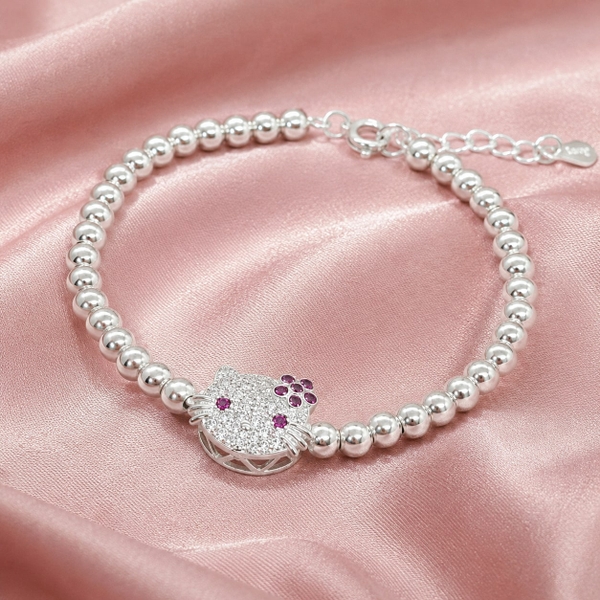 Lắc Tay Bạc Trơn Cho Bé - Bi Tròn Charm Mèo - LTTB004