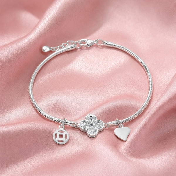 Lắc Tay Bạc Trơn Cho Bé - Dây Cáp Charm Cỏ Bốn Lá Và Tim - LTTB009