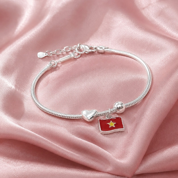 Lắc Tay Bạc Trơn Cho Bé - Dây Cáp Charm Cờ Việt Nam - LTTB011