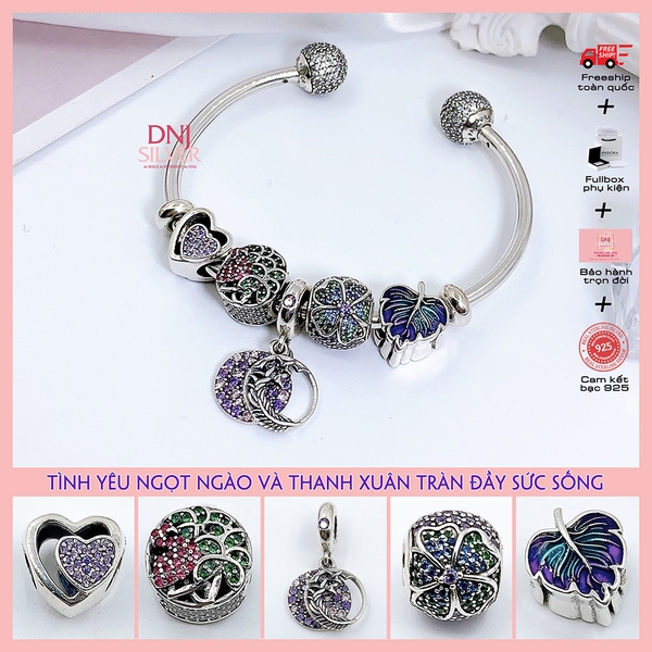 Vòng tay charm bạc 925 cao cấp - Bộ Vòng charm Tình yêu ngọt ngào, Thanh xuân đầy sức sống - Vòng tay dành cho nam và nữ