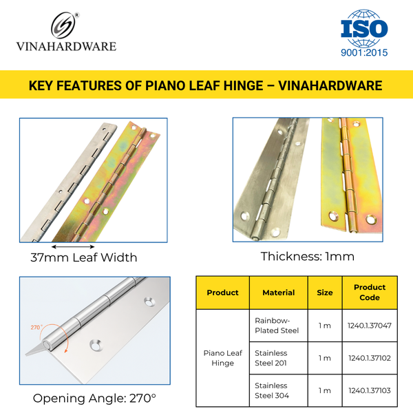 Stainless Steel Piano Hinge – SUS 201 – 37mm Width × 1000mm – Model 1240.1.37102