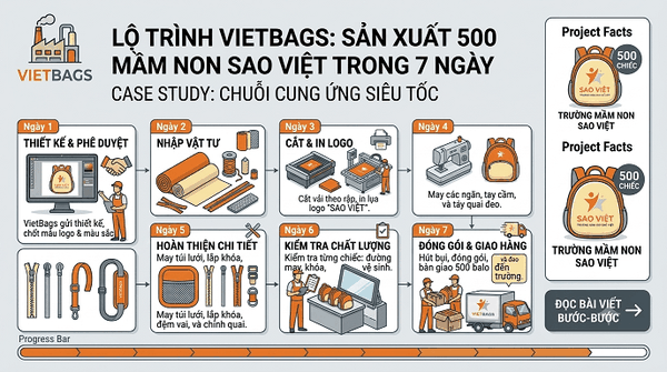 Lộ trình VietBags sản xuất 500 balo học sinh cho Trường Mầm Non Sao Việt trong 7 ngày