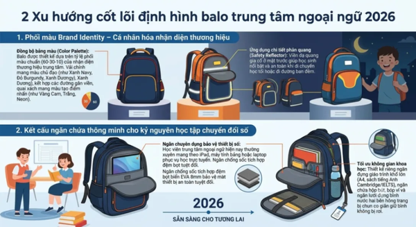Xu hướng thiết kế balo trung tâm ngoại ngữ 2026: Phối màu Brand Identity & Ngăn chứa thông minh