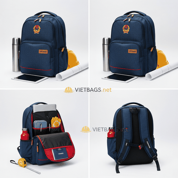 Balo công đoàn thương hiệu Vietbags được sắp xếp tinh tế cùng các phụ kiện văn phòng theo phong cách flatlay hiện đại, làm nổi bật chất liệu cao cấp và logo Vietbags sắc nét.