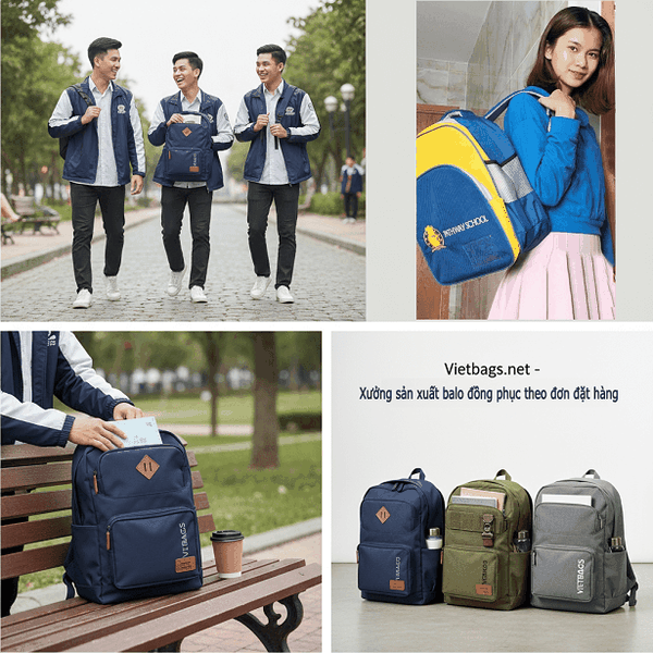 Nhóm học sinh tự tin đến trường với mẫu balo đồng phục cao cấp được thiết kế bởi Vietbags, chất liệu bền bỉ và in ấn logo thương hiệu Vietbags sắc nét.