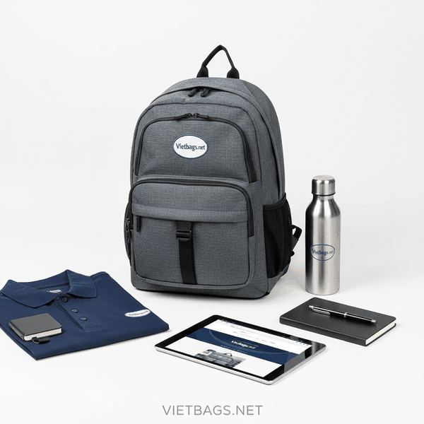 Bố cục sắp xếp vật dụng phong cách cùng mẫu balo đồng phục cao cấp thương hiệu Vietbags, thiết kế hiện đại và chuyên nghiệp dành cho doanh nghiệp và trường học.