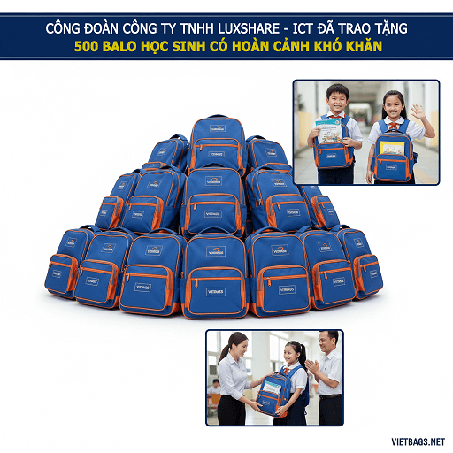 Đại diện Công đoàn Công ty TNHH Luxshare - ICT trao tặng 500 chiếc balo học sinh chất lượng cao do xưởng may Vietbags sản xuất cho các em nhỏ có hoàn cảnh khó khăn, mẫu balo Vietbags bền đẹp đồng hành cùng học sinh nghèo đến trường.