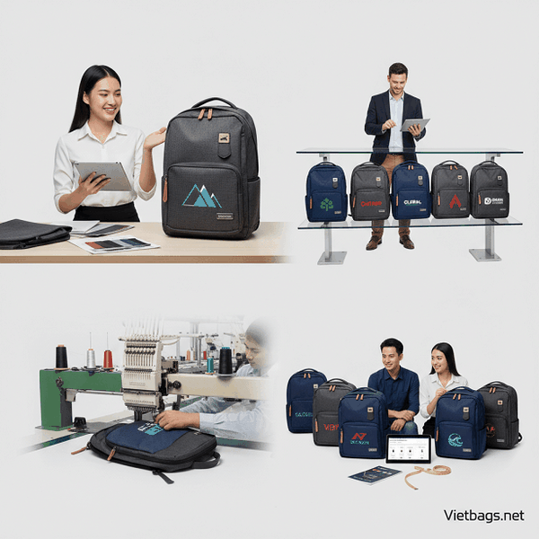 Góc nhìn thực tế giải pháp dịch vụ đặt may balo in logo số lượng lớn tại xưởng Vietbags, đảm bảo uy tín, chất lượng và giá thành tốt nhất cho doanh nghiệp.