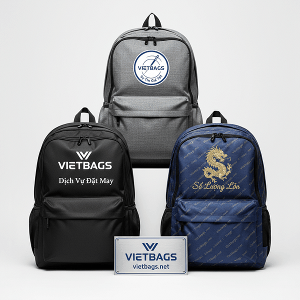 Dịch vụ đặt may balo in logo số lượng lớn uy tín giá tốt tại xưởng Vietbags với thiết kế chuyên nghiệp và chất lượng cao cấp.