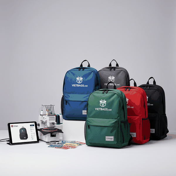Góc nhìn thực tế về giải pháp may balo quà tặng chuyên nghiệp tại xưởng Vietbags, sản phẩm hoàn thiện với đường may tỉ mỉ và in thêu logo tinh xảo cho doanh nghiệp.