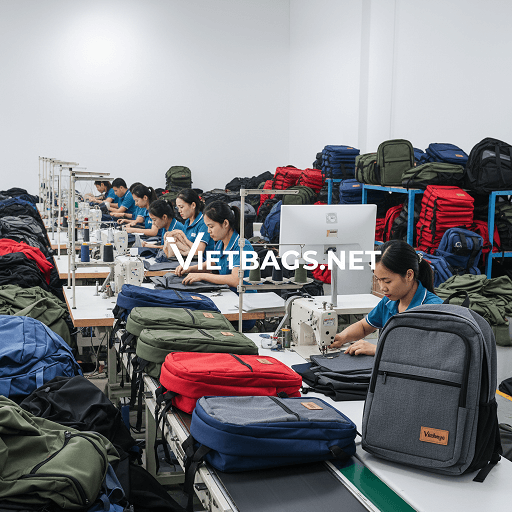 Góc nhìn thực tế quy trình sản xuất balo số lượng lớn chuyên nghiệp tại xưởng may Vietbags, giải pháp cung ứng tối ưu đảm bảo tiến độ và chất lượng cho doanh nghiệp.