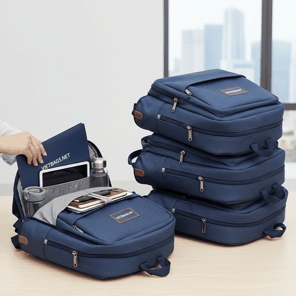 Góc nhìn thực tế giải pháp balo đồng phục cao cấp với đường may tỉ mỉ và logo thương hiệu nổi bật được sản xuất bởi xưởng may Vietbags