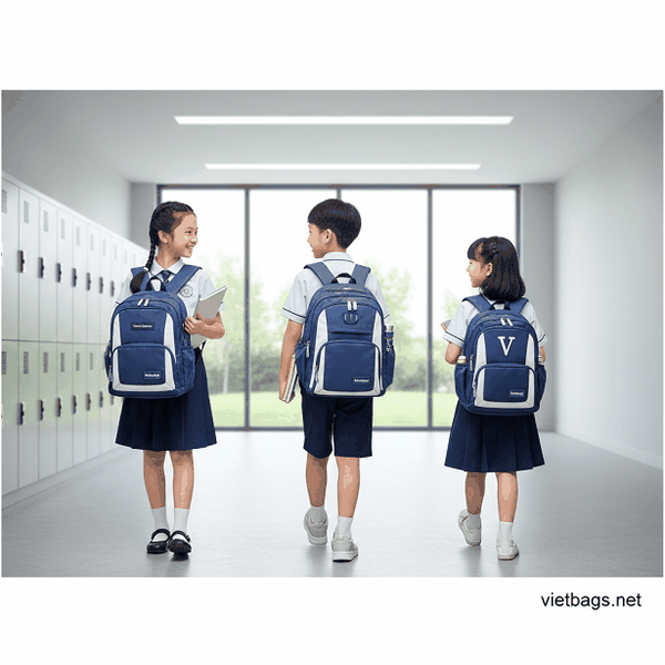 Nhóm học sinh tiểu học rạng rỡ đeo balo đồng phục trường học màu sắc nổi bật, thiết kế bền đẹp và chắc chắn được sản xuất tận xưởng bởi thương hiệu Vietbags trong ngày khai giảng.