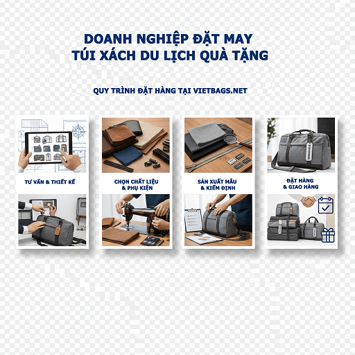 Hình ảnh hướng dẫn từng bước minh họa mẹo vặt khi doanh nghiệp đặt may túi xách du lịch quà tặng tại Vietbags