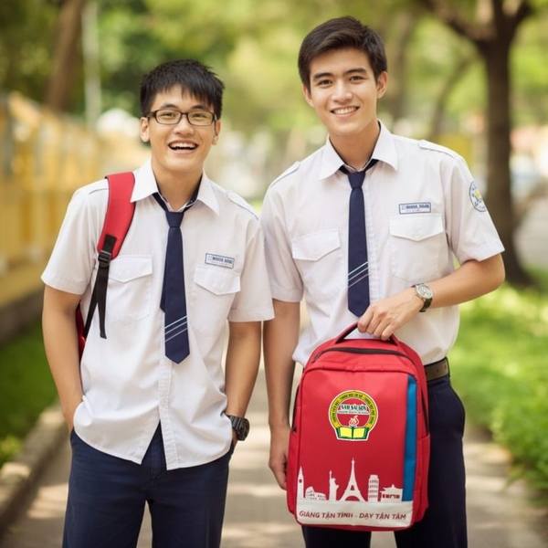 Mẫu balo học sinh Trường THPT Nam Sài Gòn in logo độc quyền, thiết kế hiện đại, phù hợp học sinh THPT.