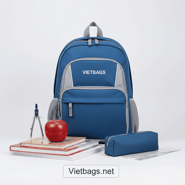 Bố cục sắp xếp vật dụng học tập phong cách bên cạnh mẫu balo đồng phục trường học cao cấp, thiết kế hiện đại và bền bỉ được sản xuất bởi xưởng may Vietbags